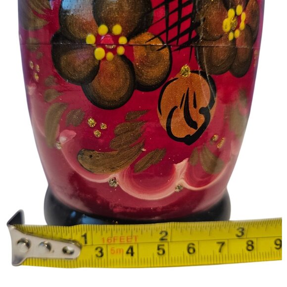 Hand-Painted Russian Matryoshka Nesting Dolls Set Of 5 Floral Design Glossy Red - Picture 3 of 16